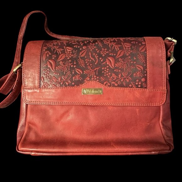Valenchi Flower Embossed Red Leather Purse Hand Crafted Crossbody Sling Bag - Picture 3 of 11